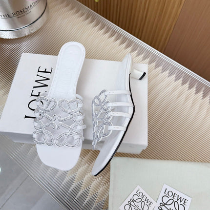 LOEWE 26S PETAL ANAGRAM SLIDE 45MM IN WHITE SOFT CALFSKIN WITH CRYSTALS