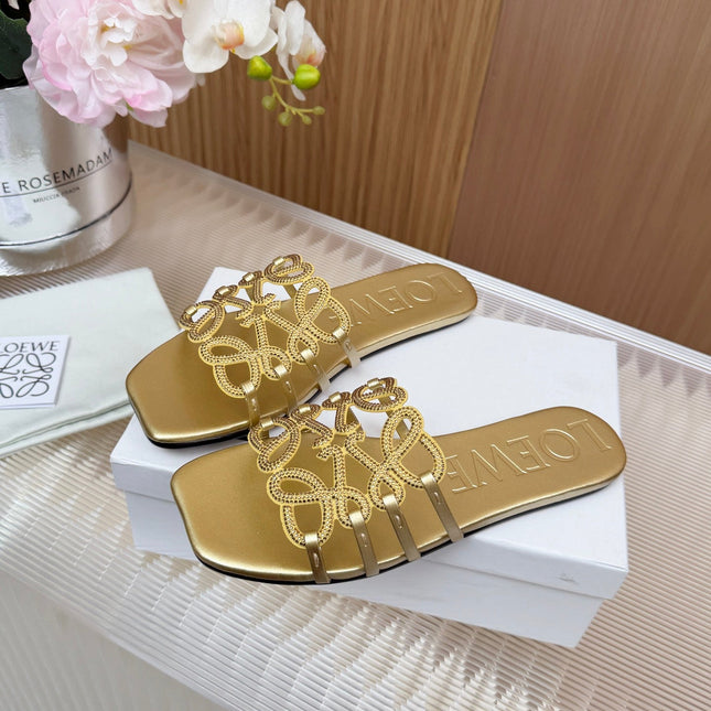 LOEWE 26S FLAT SANDALS IN GOLD CALFSKIN WITH CRYSTALS