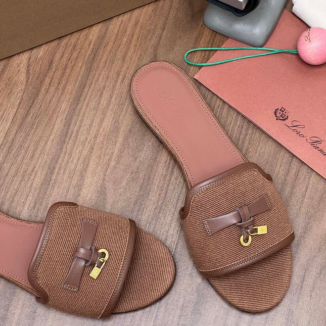 LP 26S SLIDES IN LIGHT BROWN CANVAS AND CALFSKIN