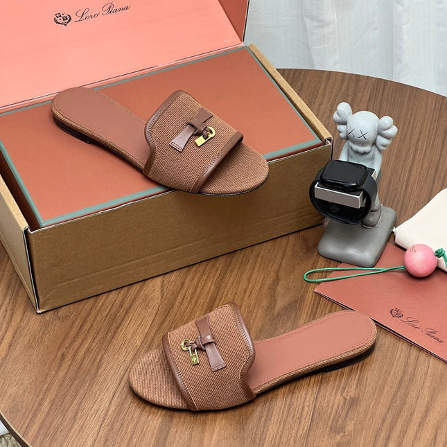 LP 26S SLIDES IN LIGHT BROWN CANVAS AND CALFSKIN