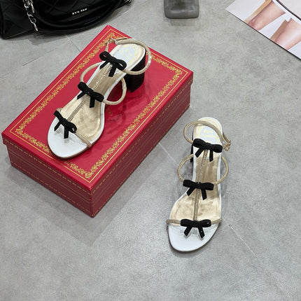 RENE CAOVILLA 26S HEELED SANDALS 85 MM IN BEIGE AND WHITE LAMBSKIN WITH BOW