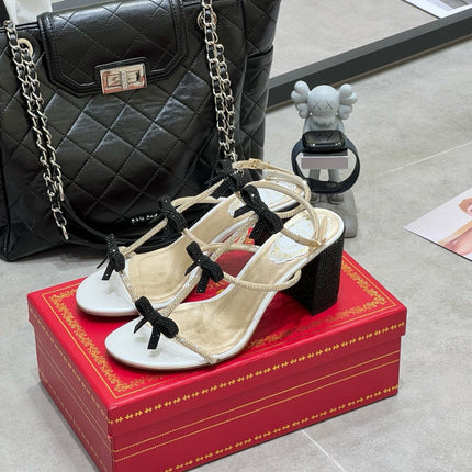 RENE CAOVILLA 26S HEELED SANDALS 85 MM IN BEIGE AND WHITE LAMBSKIN WITH BOW
