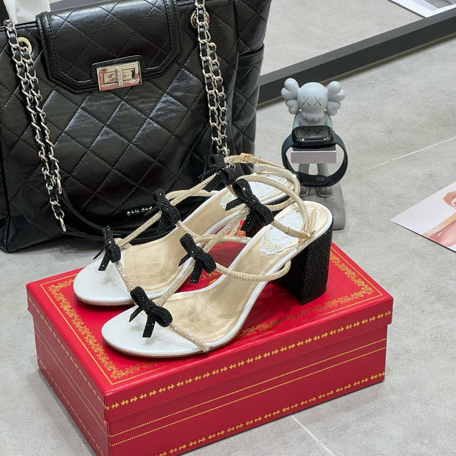 RENE CAOVILLA 26S HEELED SANDALS 85 MM IN BEIGE AND WHITE LAMBSKIN WITH BOW