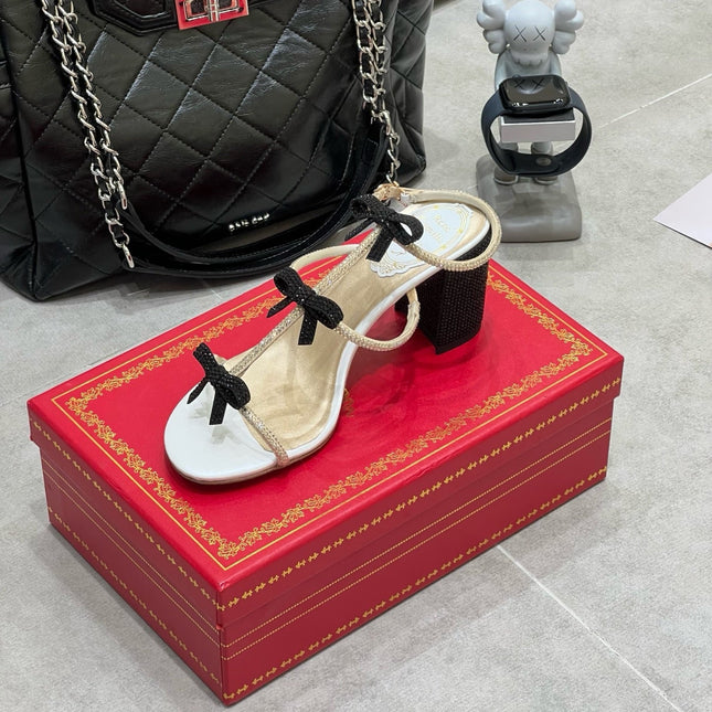 RENE CAOVILLA 26S HEELED SANDALS 85 MM IN BEIGE AND WHITE LAMBSKIN WITH BOW