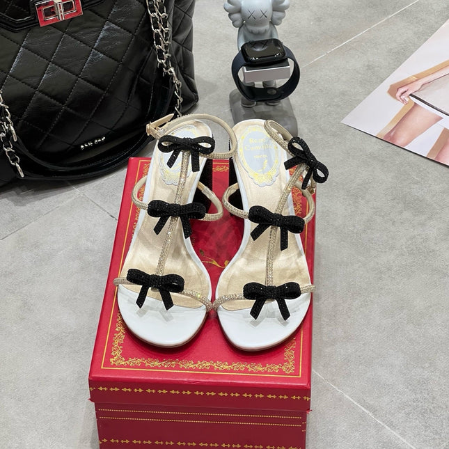 RENE CAOVILLA 26S HEELED SANDALS 85 MM IN BEIGE AND WHITE LAMBSKIN WITH BOW