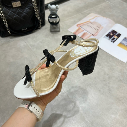 RENE CAOVILLA 26S HEELED SANDALS 85 MM IN BEIGE AND WHITE LAMBSKIN WITH BOW