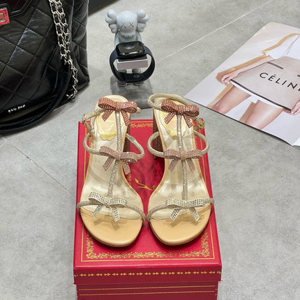 RENE CAOVILLA 26S HEELED SANDALS 85 MM IN BEIGE LAMBSKIN WITH BOW