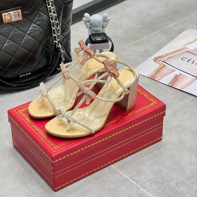 RENE CAOVILLA 26S HEELED SANDALS 85 MM IN BEIGE LAMBSKIN WITH BOW
