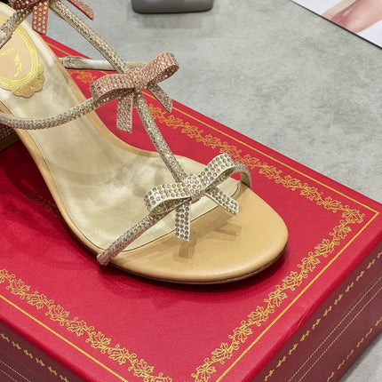 RENE CAOVILLA 26S HEELED SANDALS 85 MM IN BEIGE LAMBSKIN WITH BOW