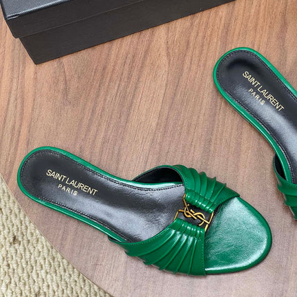 YSL 26S SLIDES IN DARK GREEN CALFSKIN