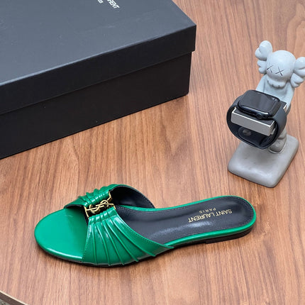 YSL 26S SLIDES IN DARK GREEN CALFSKIN