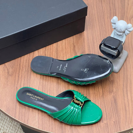 YSL 26S SLIDES IN DARK GREEN CALFSKIN