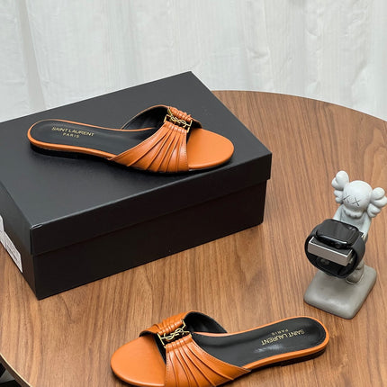 YSL 26S SLIDES IN COGNAC BROWN CALFSKIN