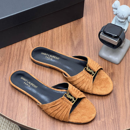 YSL 26S SLIDES IN CAMEL BROWN SUEDE