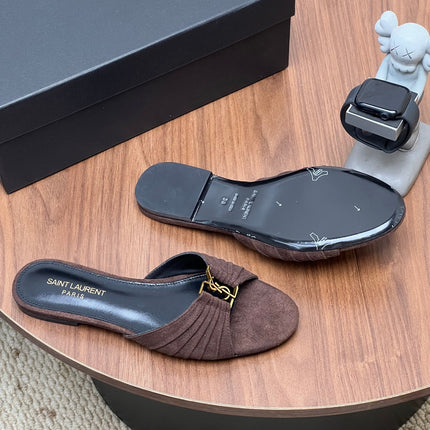 YSL 26S SLIDES IN DARK BROWN SUEDE