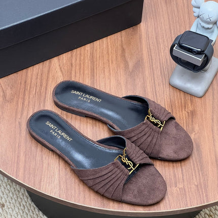 YSL 26S SLIDES IN DARK BROWN SUEDE