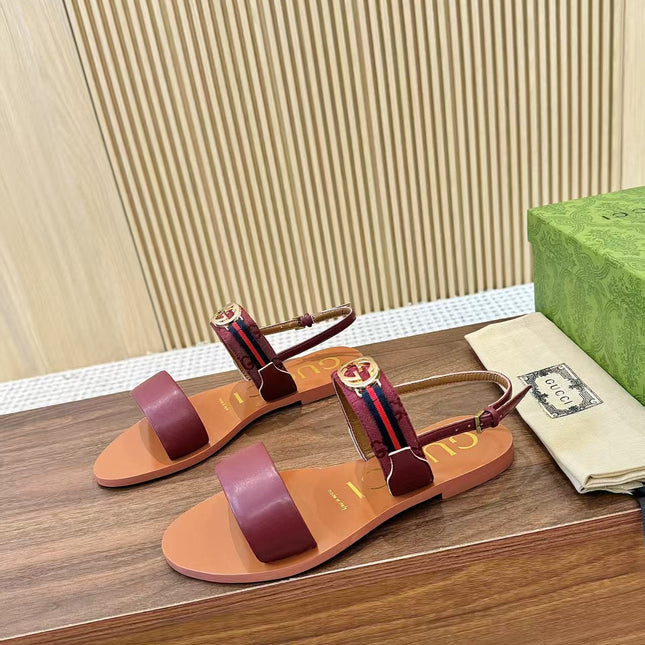 GUCCI 26S STRAP FLAT SANDALS IN BURGUNDY RED CALFSKIN GOLD HARDWARE