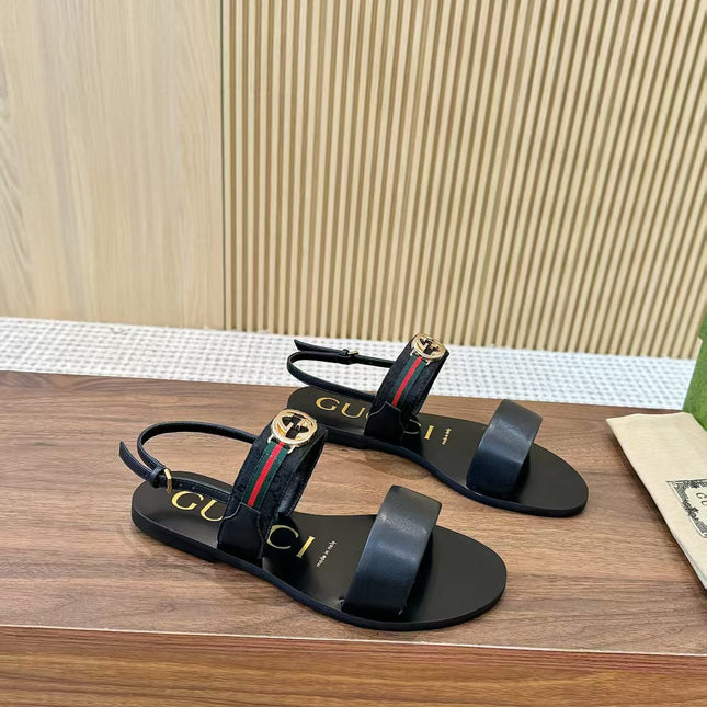 GUCCI 26S STRAP FLAT SANDALS IN BLACK CALFSKIN GOLD HARDWARE