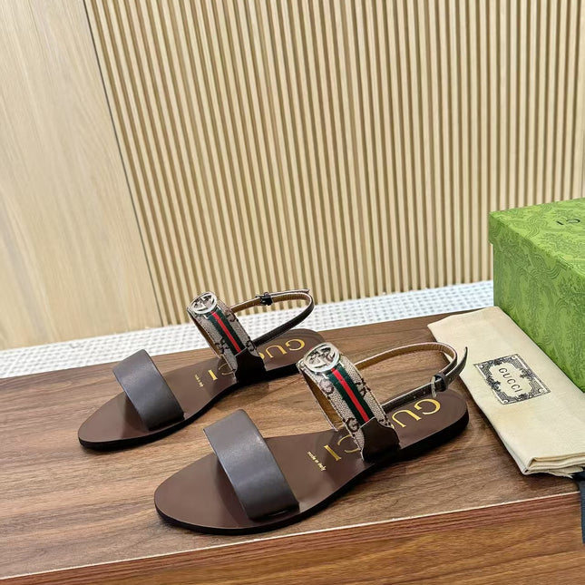 GUCCI 26S STRAP FLAT SANDALS IN DARK BROWN CALFSKIN GOLD HARDWARE