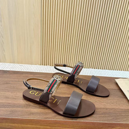 GUCCI 26S STRAP FLAT SANDALS IN DARK BROWN CALFSKIN GOLD HARDWARE