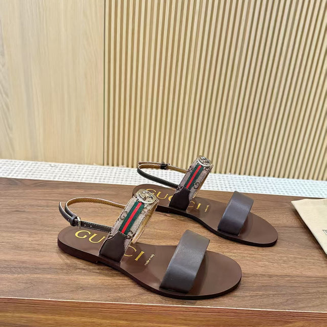 GUCCI 26S STRAP FLAT SANDALS IN DARK BROWN CALFSKIN GOLD HARDWARE