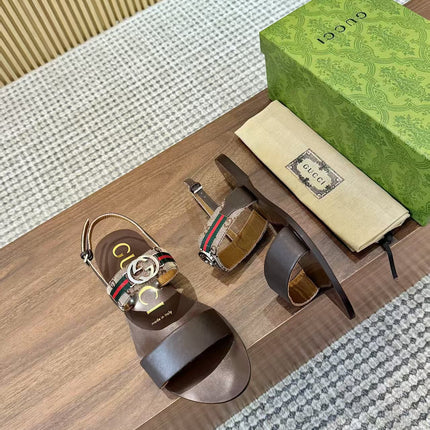 GUCCI 26S STRAP FLAT SANDALS IN DARK BROWN CALFSKIN GOLD HARDWARE