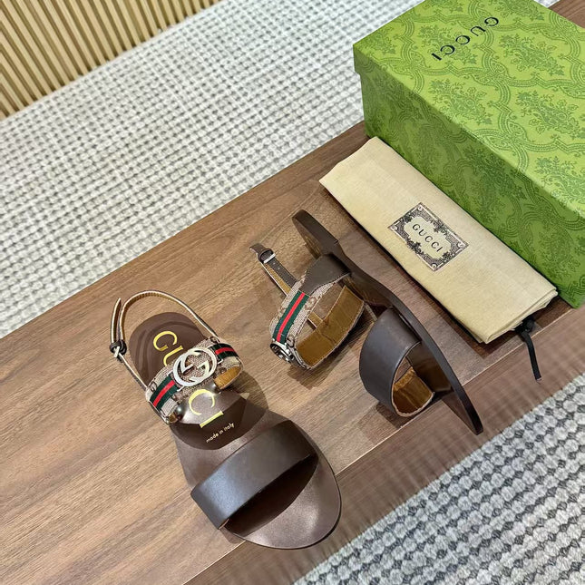 GUCCI 26S STRAP FLAT SANDALS IN DARK BROWN CALFSKIN GOLD HARDWARE
