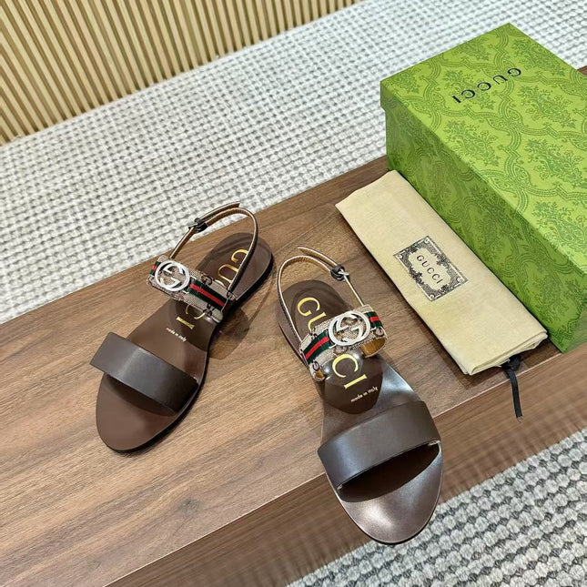 GUCCI 26S STRAP FLAT SANDALS IN DARK BROWN CALFSKIN GOLD HARDWARE