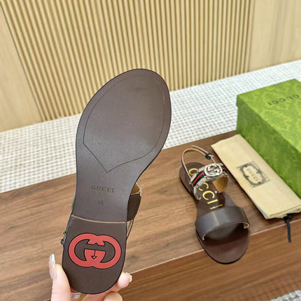 GUCCI 26S STRAP FLAT SANDALS IN DARK BROWN CALFSKIN GOLD HARDWARE