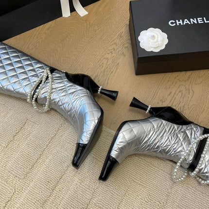 KNEE HIGH BOOTS 8 CM IN SILVER MIX BLACK CALFSKIN WITH PEARL CHAIN