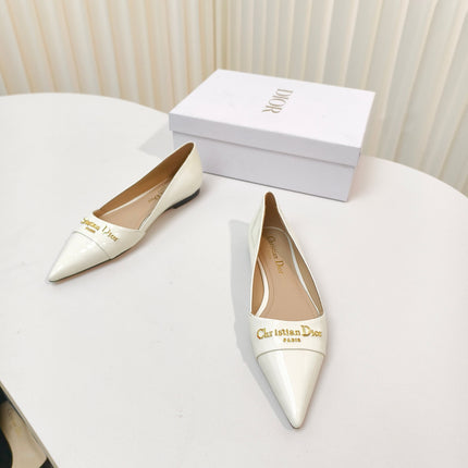 DIOR POINTED BALLET FLATS 25S IN CREAM WHITE GLOSSY LEATHER WITH GOLD HARDWARE