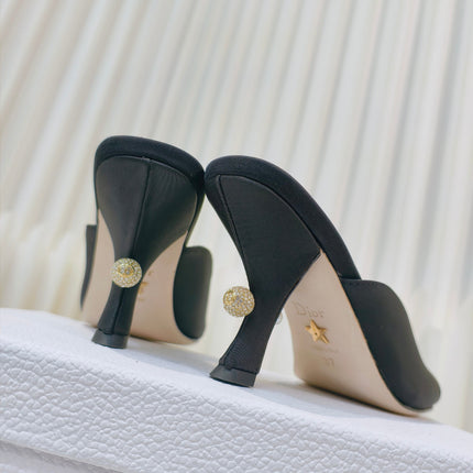 DIOR EMBELLISHED HIGH HEEL SLIDES 25S IN BLACK SATIN