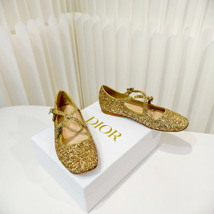 DIOR 26S MARY JANE FLATS IN GOLD SEQUIN EMBROIDERED FABRIC