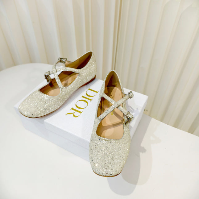 DIOR 26S MARY JANE FLATS IN SILVER SEQUIN EMBROIDERED FABRIC