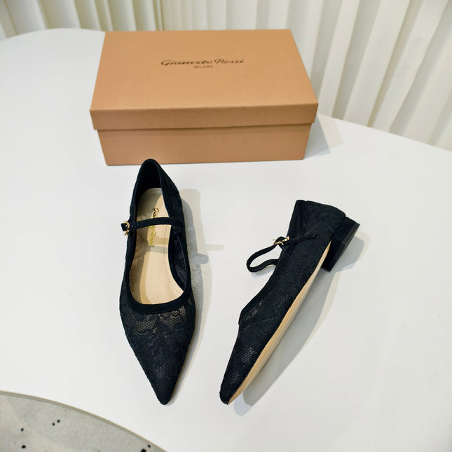 GIANVITO ROSSI 26S MARY JANE FLATS IN BLACK LACE FABRIC