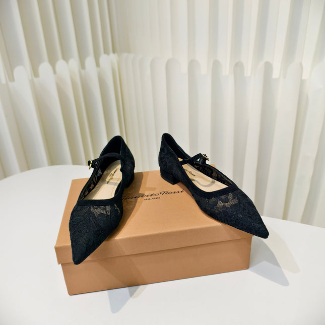 GIANVITO ROSSI 26S MARY JANE FLATS IN BLACK LACE FABRIC