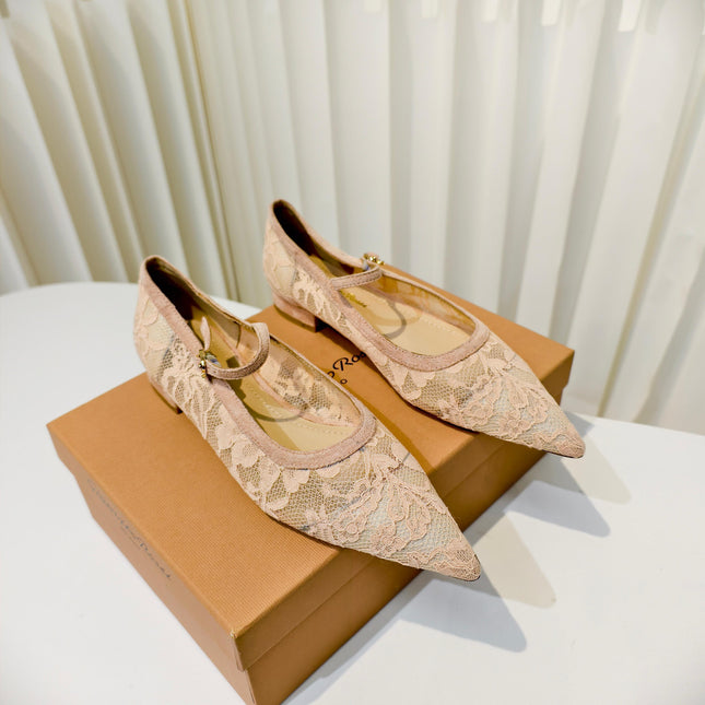 GIANVITO ROSSI 26S MARY JANE FLATS IN NUDE LACE FABRIC