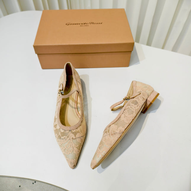 GIANVITO ROSSI 26S MARY JANE FLATS IN NUDE LACE FABRIC