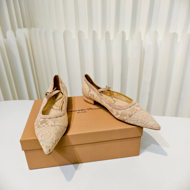 GIANVITO ROSSI 26S MARY JANE FLATS IN NUDE LACE FABRIC
