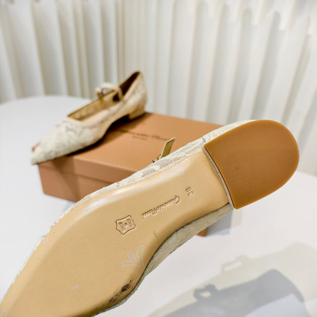 GIANVITO ROSSI 26S MARY JANE FLATS IN BEIGE LACE FABRIC