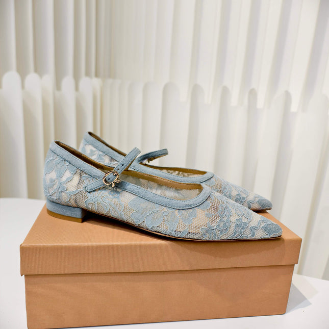GIANVITO ROSSI 26S MARY JANE FLATS IN PASTEL BLUE LACE FABRIC