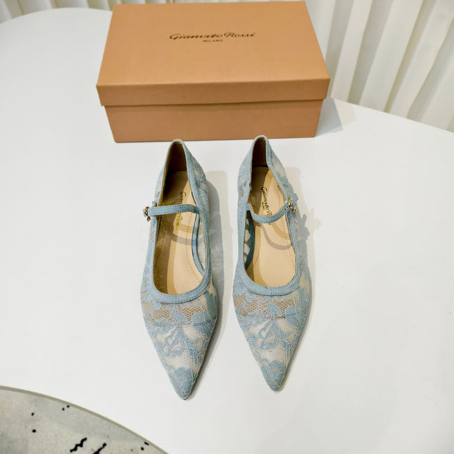 GIANVITO ROSSI 26S MARY JANE FLATS IN PASTEL BLUE LACE FABRIC