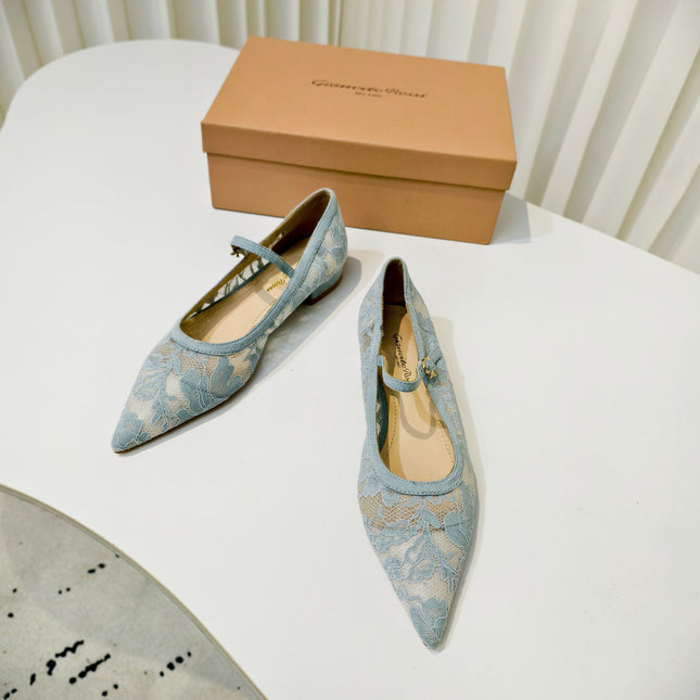 GIANVITO ROSSI 26S MARY JANE FLATS IN PASTEL BLUE LACE FABRIC