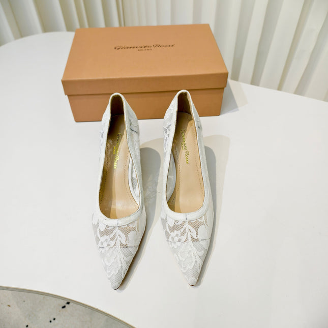 GIANVITO ROSSI 26S HIGH HEELS 85 MM IN WHITE LACE FABRIC