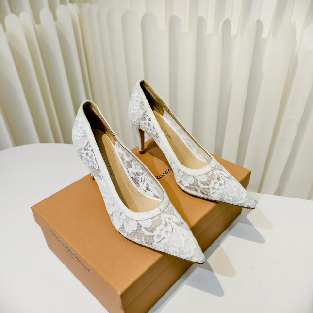 GIANVITO ROSSI 26S HIGH HEELS 85 MM IN WHITE LACE FABRIC