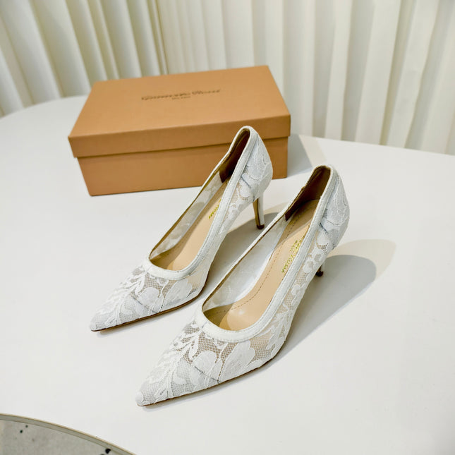 GIANVITO ROSSI 26S HIGH HEELS 85 MM IN WHITE LACE FABRIC
