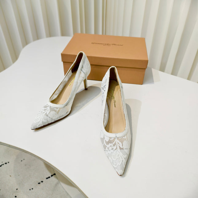 GIANVITO ROSSI 26S HIGH HEELS 85 MM IN WHITE LACE FABRIC