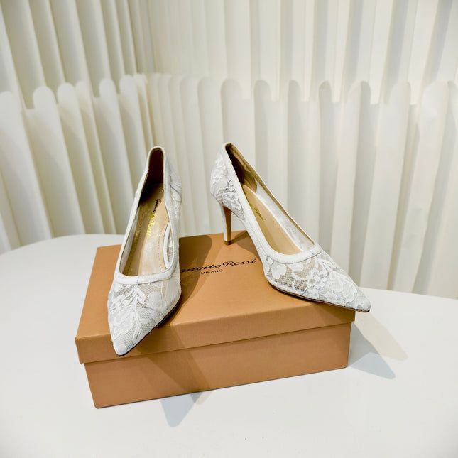 GIANVITO ROSSI 26S HIGH HEELS 85 MM IN WHITE LACE FABRIC
