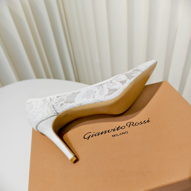 GIANVITO ROSSI 26S HIGH HEELS 85 MM IN WHITE LACE FABRIC