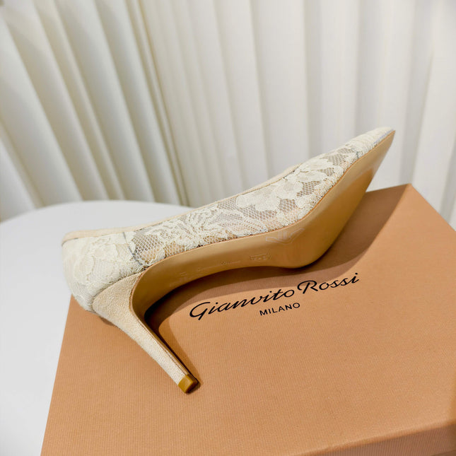 GIANVITO ROSSI 26S HIGH HEELS 85 MM IN BEIGE LACE FABRIC